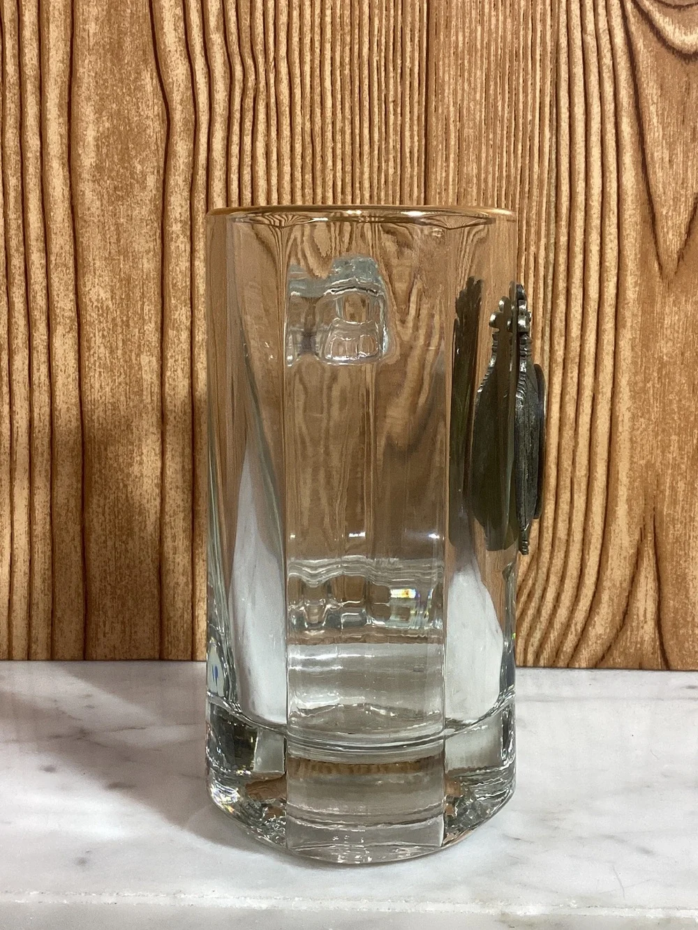 Glass Beer Stein with Brass Golf Emblem - Clear Raised Metal Medallion